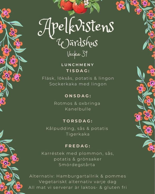 Här kommer vår rykande färska meny för kommande vecka!
Välkomna ❤️
073-4234187
#apelkvistensmeny